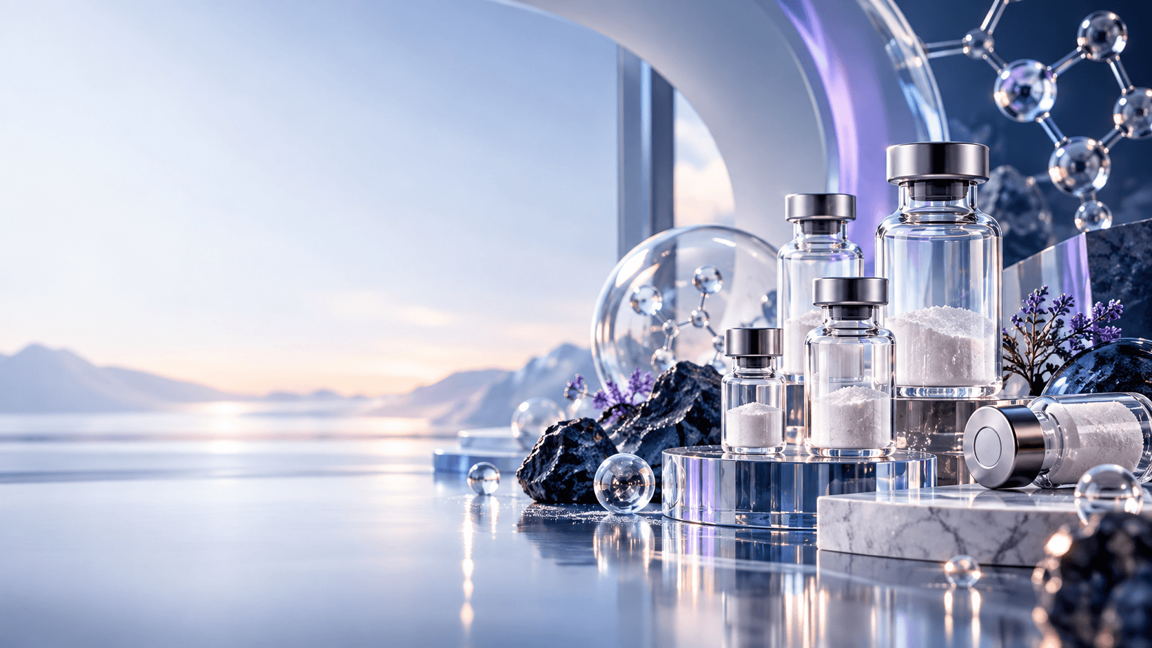 LVL Peptides research vials on a glacial coastline